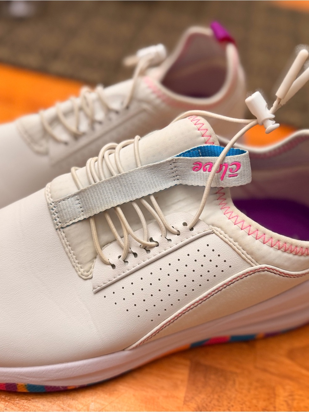 Women’s Cream Sneakers with Pink Trim and Color-Accent Sole
